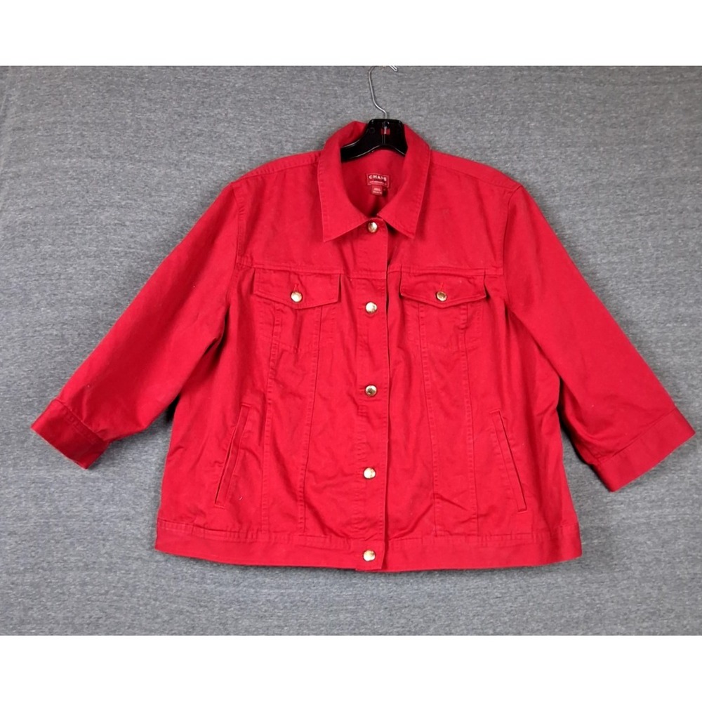 VTG Chaps Womens Jacket Plus 2X Red Denim Jean 3/4 Sleeve Western Coastal Rodeo